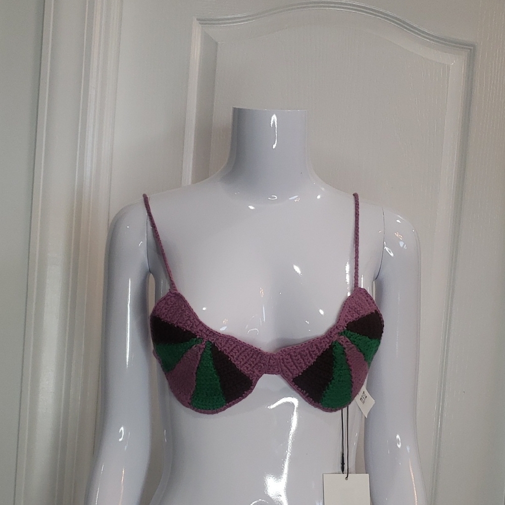 Zara Yarn Bikini Top Purole Green Brown Size Medium NWT Boho Hippie